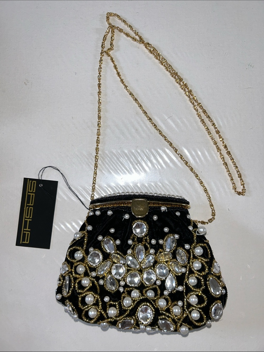 NWT Vintage 80s 90s Sasha New York Velvet Beaded Rhinestone Pearl Evening Clutch